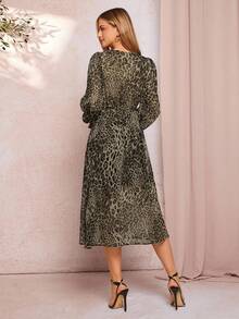 Amorya Đầm dài bằng vải chiffon họa tiết da báo thanh lịch dành cho nữ, tay dài, cạp chun chữ A, tay dài - Màu vàng - Xem 2