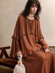 Revavyn Revavyn 全新女式夏季度假风荷叶边雪纺长袖超长连衣裙 - 棕色 - 查看 5