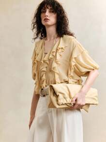 Arave Blusa casual da donna a maniche corte, a tinta unita, con scollo a V, decorata con volant, elegante e romantica