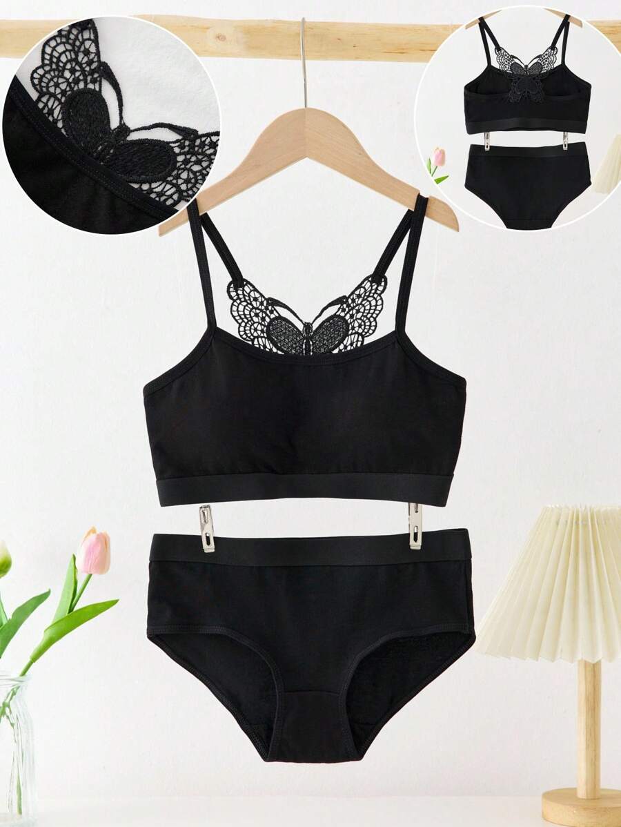 1 Set Tween Girl Bra Suit, Camisole, Racerback, Bralette & Underwear Set, Black & White, For Students Back To School Fashion