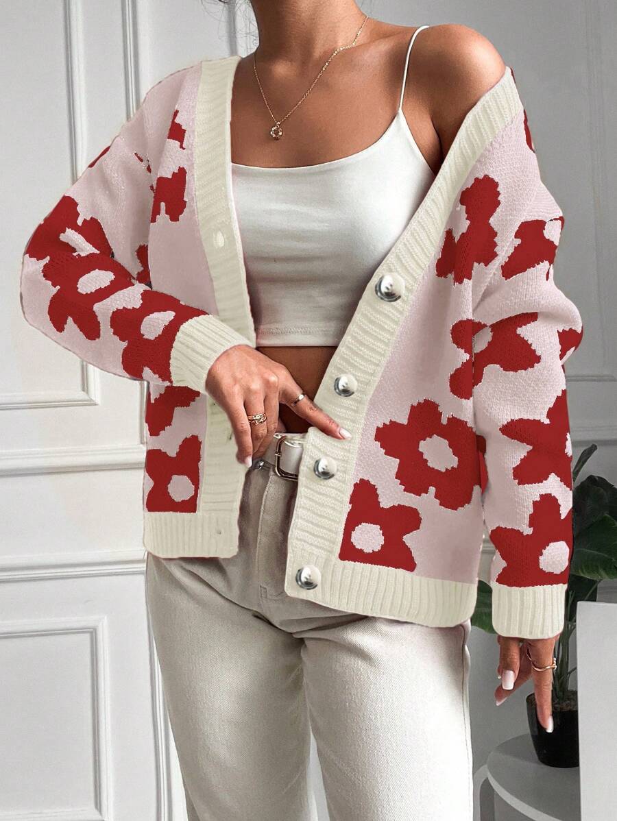 EURMUSE Women's Floral Pattern Cardigan - White - View 1