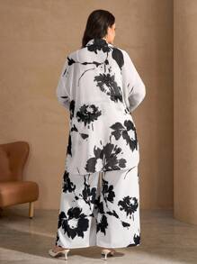 Chikora Bộ đồ dài in hoa đen trắng cỡ lớn cho nữ 2 món - Đen và trắng - Xem 2