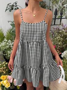 SHEIN EZwear 女式夏季新款格子背带裙，细肩带露背连衣裙 - 黑色 - 查看 4