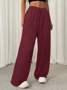 SHEIN EZwear Women Wine Red Front Tie Ruched Casual Pants - Burgundy - View 3