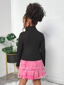 2pcs Young Girl Black Solid Color Knit Crew Neck Long Sleeve Fitted Top, Sibling Matching Outfits (Sold Separately)