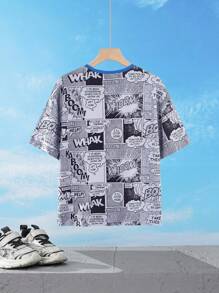 SUPERMAN X SHEIN Tween Jungen Cartoon Superhelden Schwarz-Weiß Zeitungsmuster cooles und stylisches graues Kurzarm T-Shirt