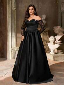 Aureia 大码优雅奢华黑色露肩薄纱长袖连衣裙，饰有花卉领口、蕾丝边和荷叶边下摆，适合婚礼、单身派对、度假、舞会、宴会和晚宴等场合（厚款）黑色蕾丝连衣裙，情人节 - 黑色 - 查看 6