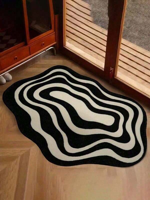 SHEIN Tapete moderno com padrão de ondas abstratas em preto e branco - Tapete de lama diatomácea macio, lavável à mão e antiderrapante para decoração de sala de estar ou quarto, uso minimalista interno/externo, tapete interno versátil, tapete de fibra de poliéster para a volta às aulas