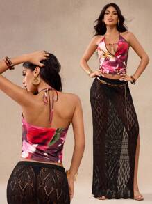 Glamance Studio Sense 女士性感细肩带花卉渐变印花串珠短款上衣，适合音乐节、派对、海滩度假、乡村音乐会、西部装、女士俱乐部、女士性感外出上衣、街头装、女士垃圾朋克、返校季 Y2k 俱乐部装、女士性感 - 紅白色 - 查看 7