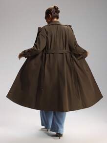 LYSMO Plus Size Solid Color Front Button Closure Long Sleeve Stand Collar Casual Trench Coat Winter Fall Autumn - Coffee Brown - View 2