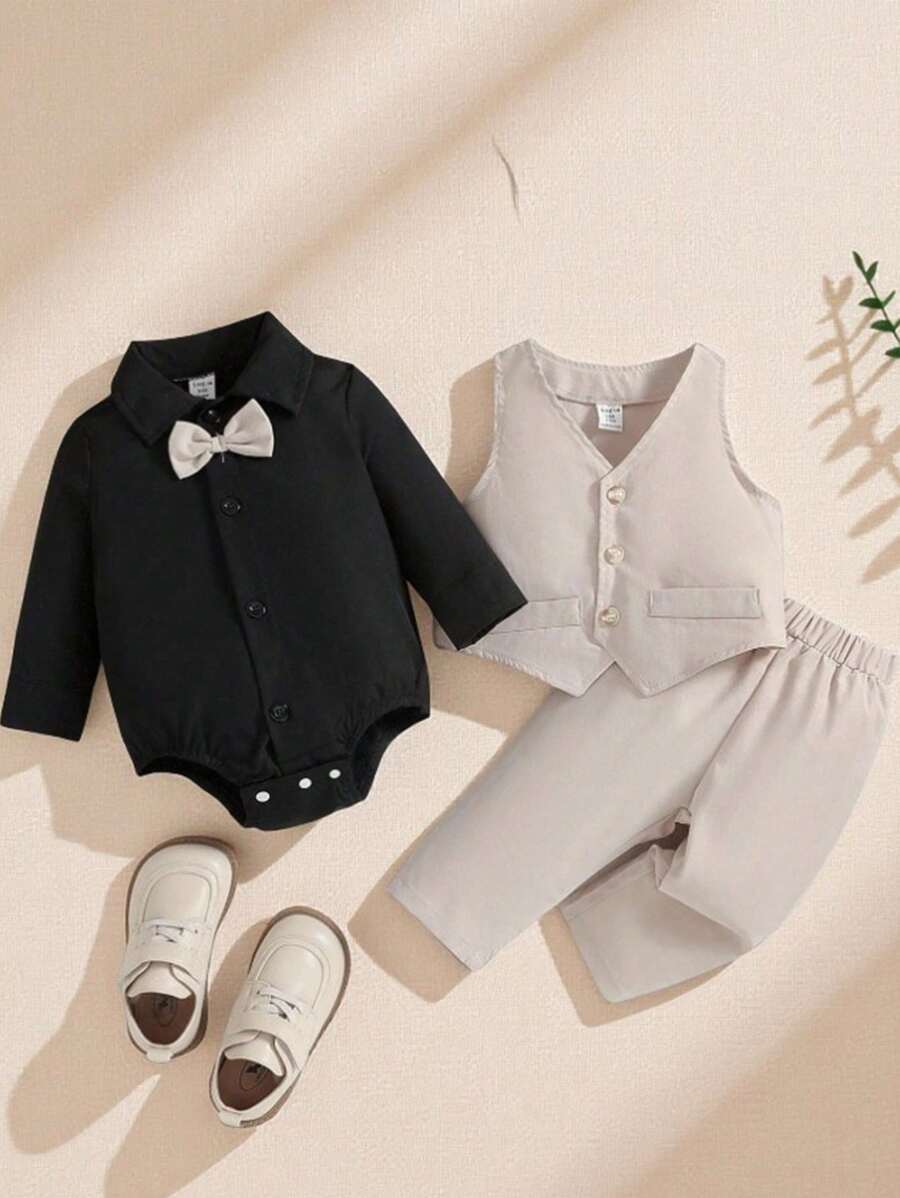 SHEIN 男嬰前蝴蝶結連身背心和褲子&&馬甲&帽 - 杏色 - 查看 1