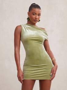 NYA SZN Vestido asimétrico de manga corta, ajustado, para club, fiesta nocturna, evento, vacaciones, ocasión especial, salida, de longitud mini, de terciopelo, para primavera y verano, para mujeres - Verde - Ver 4
