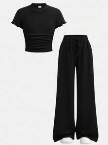 SHEIN Comfortable Polyester Plain Black Co-Ords With Regular Sleeves And Relaxed Fit For Tween Girls Tween Girl Wide Leg Pants Girls Wide Leg Pants Set Girls Black Wide Leg Pants Tween Girl Wide Leg Pants Outfit Tween Girls Summer Outfit Girls Wide Leg Pants Outfit Teen Girl Wide Leg Pants Outfit Tween Girls Wide Leg Pants Set Teen Girls Wide Leg Pants Outfit Girls Black Wide Leg Pants Set - Black - View 10