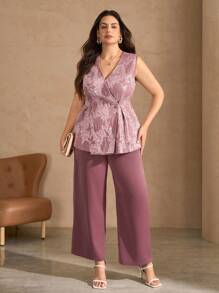 SHEIN Clasi Plus Size Women Summer Elegant Jacquard Vest & Long Pants 2 Pieces Set - Dusty Pink - View 6