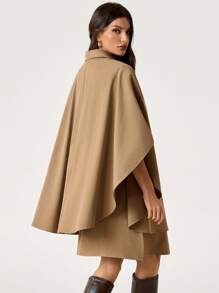 SHEIN Tall Abrigo tipo capa largo de mujer para otoño, de color liso, con mangas de murciélago, abotonado sencillo, casual y holgado, para mujeres altas - Caqui - Ver 4
