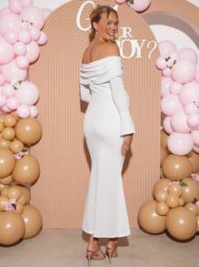 Loomaby Pregnant Women's Solid Color Off-Shoulder Tied Front Flare Sleeve Fishtail Hem Elegant Dress,Gender Reveal Dress,Maternity Dress,Baby Shower Dress