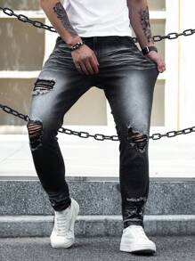 Manfinity LEGND Quần Jeans Skinny Denim Rách Túi Đơn Giản Cho Nam - màu đen - Xem 5