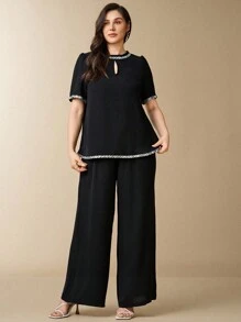EMERY ROSE Plus Size Black Summer Elegant Formal Evening Wedding 2 Pieces Set, Sequin Ribbon Lantern Sleeve Blouse & Cinched Waist Baggy Pants Party Ladies Outfits - Black - View 3