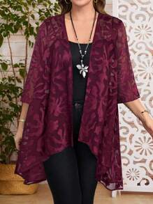EMERY ROSE Plus Size Women Jacquard 3/4 Sleeve Open Front Casual Vacation Jacket - Burgundy - View 1