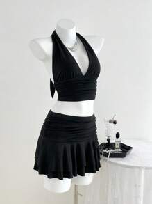 SHEIN Unity 2pcs/Set Casual Black Halter Tank Top And Mini Skirt Outfit, Vacation Style, Spring/Summer, For Going Out - Black - View 4
