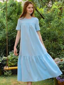 SHEIN Váy dài thường ngày cho bé gái tuổi teen, váy rộng màu xanh lam có tay ngắn, thiết kế cổ tròn, thanh lịch, phù hợp cho đám cưới và kỳ nghỉ, họa tiết hoa/trang trí, không có họa tiết truyền thống - trắng - Xem 5