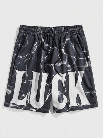 Street Life Pantaloncini casual da uomo con vita con coulisse e tasche, con stampa di lettere