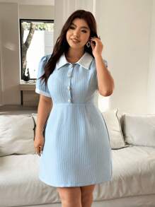 Vionelle 大码女式优雅休闲法式短袖连衣裙，夏季 - 藍白色 - 查看 5