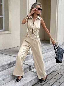SHEIN Frenchy 秋冬女士纯色百褶系带背心和裤子套装 - 米色 - 查看 1