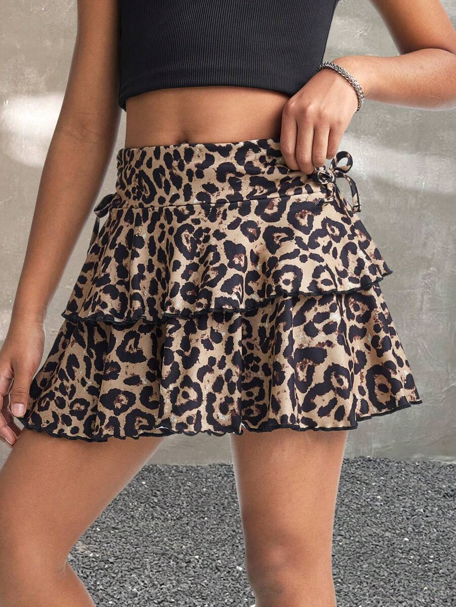 Coolane Kids Tween Girls Spring/Summer Streetwear/Vintage/Cute Leopard Printed Cheetah Print Double Layer Ruffle Hem Shirred Skirt,Parent-Child Clothing,Cute Skirts