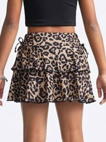 Coolane Kids Tween Girls Spring/Summer Streetwear/Vintage/Cute Leopard Printed Cheetah Print Double Layer Ruffle Hem Shirred Skirt,Parent-Child Clothing,Cute Skirts