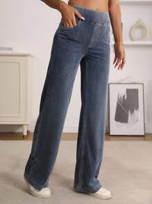 SHEIN Essnce Pantalon large en jeans tricoté stretch taille mi-haute - Bleu azur - Voir 4