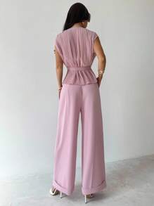 Firerie Women's Elegant Romantic Pleated Waist V-Neck Shirt And High Waist Long Pants 2 Pieces Suit Set, Fashion Commuting Daily Wear, Light Pink, Teacher Outfits For Women - Dusty Pink - View 10