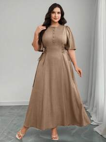 Modelyn Vestido elegante de talla grande para mujer de unicolor, con botones, media pechera, manga corta y cintura con lazo