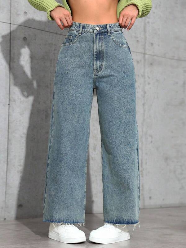 SHEIN ICON Jean droit à bords lavés, style décontracté