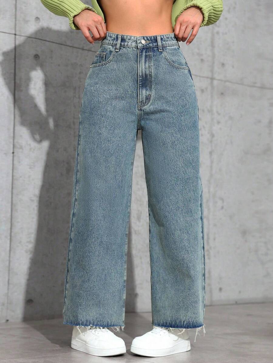 SHEIN ICON Vaqueros rectos de pierna con lavado de borde casual - Azul lavado oscuro - Ver 1