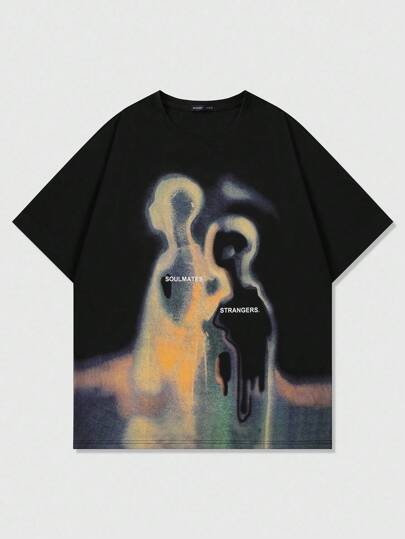 Grunge Punk Men's Retro Street Silhouette & Thermal Imaging Figure Print Short Sleeve T-Shirt, Summer, 2000s Style, Fall/Winter