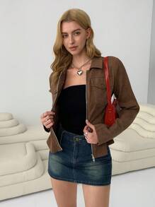 SHEIN EZwear Áo khoác thường ngày màu trơn dài tay có khóa kéo túi trước cho nữ - Màu Khaki - Xem 7