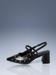 CUCCOO GRLICON Pointed Toe Riveted Women's High Heel Pumps, Y2K Punk Motorcycle Style Outfit - Black - View 2