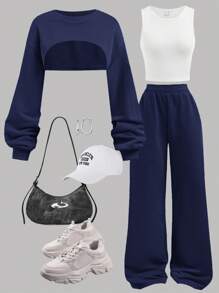 SHEIN Girlism Zestaw dla nastolatki 3 szt.: granatowa bluza, biały top na ramiączkach, długie spodnie casualowe, jesień - Granatowy - Zobacz 1