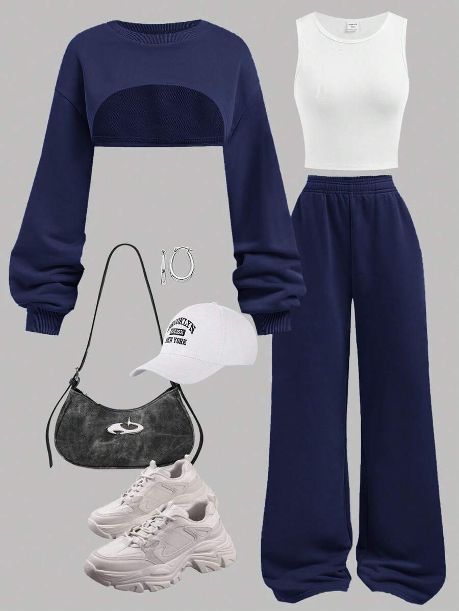 SHEIN Girlism Zestaw dla nastolatki 3 szt.: granatowa bluza, biały top na ramiączkach, długie spodnie casualowe, jesień - Granatowy - Zobacz 1