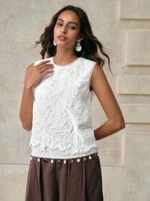 Arave Chaleco casual de estilo vacacional de primavera/verano con encaje calado, volantes y sin mangas en estilo francés chic para ir al trabajo