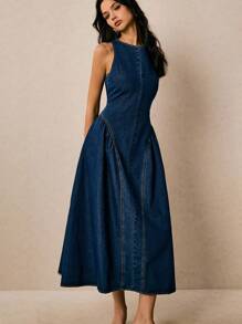 Poéselle 女式圆领无袖露背喇叭牛仔连衣裙，夏季时尚 - 深色水洗藍 - 查看 7