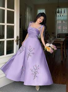 Modelyn Đầm Maxi Tank Top Thanh Lịch Thêu Hoa Cho Nữ - Màu tím - Xem 4