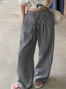 DAZY Women Elastic Waist Loose Plaid Casual Pants, Street & Urban Casual Trousers - Black - View 1