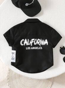 SHEIN Unisex Baby/Toddler Casual Fashionable Everyday Versatile Army Green Short Sleeve Woven Shirt, Suitable For Indoor, Outdoor, Daily Wear, Sports, Play, Party, Photo Shoot, Holiday, Festivities