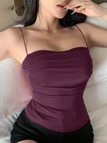 DAZY Self-Padded Bust Pleated Design Fitted Camisole Thin Strap Base Top Crop Women Tops - Burgundy - View 6