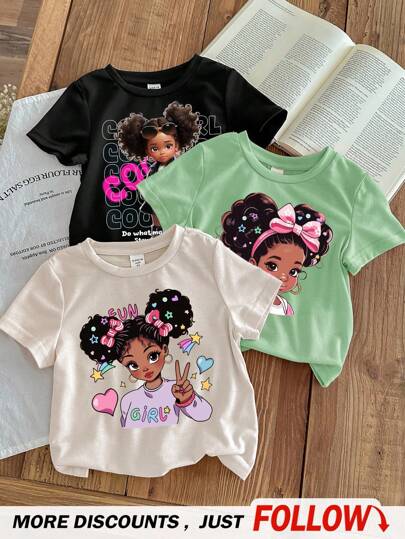 SHEIN 3pcs Young Girl Casual Cartoon Pattern Multiples T-Shirts, Suitable For Summer Little Girl Graphic Tees Fun Girl Shirts 3t Shirts, School, Campus, College
