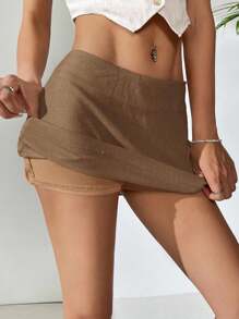 Comfortcana Falda mini de lino informal de cintura baja y corte evasé de unicolor para el verano, para mujer - Camel - Ver 8