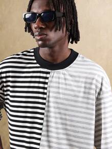 SUMWON T-shirt oversize à manches courtes, col rond, en jersey, avec design de blocs de couleurs et rayures. streetwear et urbaine. Motif fendu, essentiel casual pour toutes les saisons - Multicolore - Voir 3