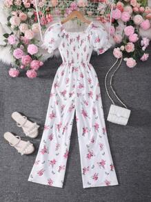 SHEIN Tween Girls' All Over Print Ruffled Collar Puff Sleeve Jumpsuit, Holiday Vibe For Summer - Pink - View 2